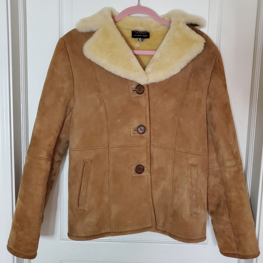 Tan Suede Jacket with Cream Shearling Collar